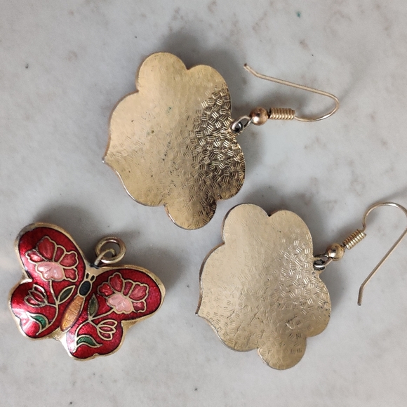 Vintage Cloisonne Enamel Earrings & Butterfly 🦋 Pendant Set - Picture 10 of 13